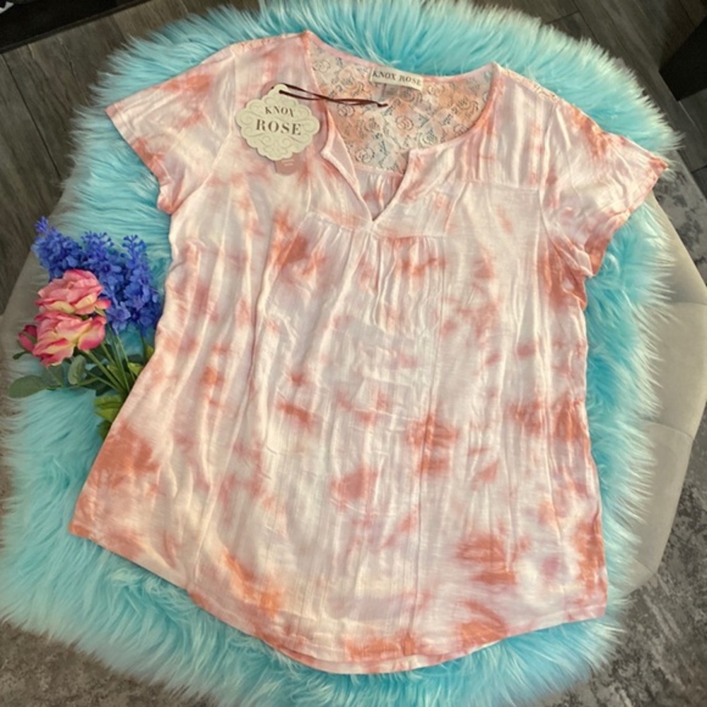 Tie Dye Lace Back Short Sleeved Top Sz MED NEW!